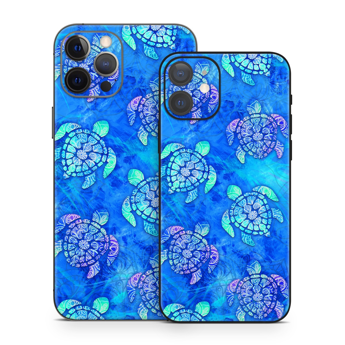 iPhone 12 Series Skin design of Blue, Pattern, Organism, Design, Sea turtle, Plant, Electric blue, Hydrangea, Flower, Symmetry, with blue, green, purple colors
