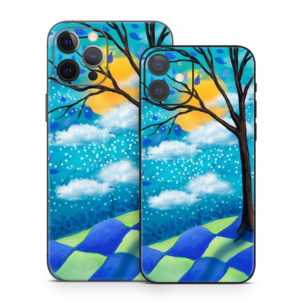 iPhone 12 Series Skin design of Natural landscape, Nature, Blue, Tree, Sky, Branch, Spring, Woody plant, Plant, Leaf, with blue, gray, black, purple, green colors