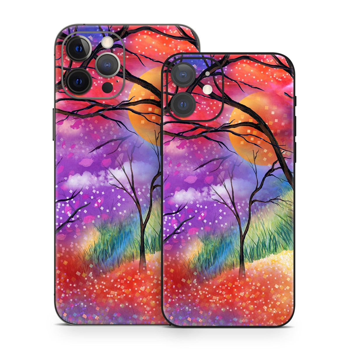 iPhone 12 Series Skin design of Nature, Tree, Natural landscape, Painting, Watercolor paint, Branch, Acrylic paint, Purple, Modern art, Leaf, with red, purple, black, gray, green, blue colors