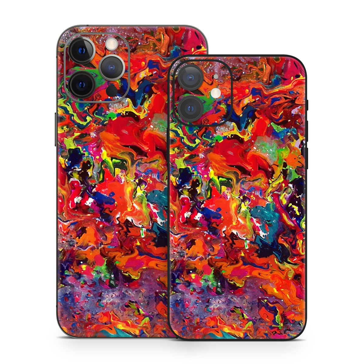 iPhone 12 Series Skin design of Colorfulness, Modern art, Acrylic paint, Painting, Visual arts, Art, Psychedelic art, Textile, Pattern, Paint, with red, yellow, green, orange, yellow colors
