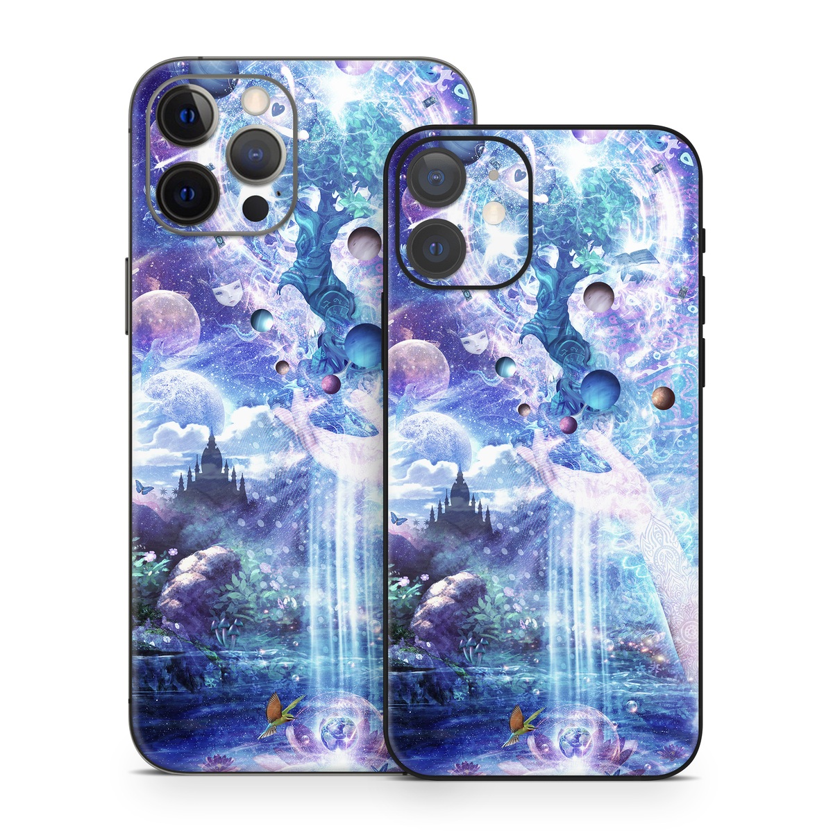 iPhone 12 Series Skin design of Bird, Butterfly, Planets, Deer, Space, Purple, World, Astronomical Object, Cg Artwork, Illustration, Universe, Painting, Fictional Character, Outer Space, Astronomy, Science, Water Feature, Graphic Design, Graphics, Star, Mythology, with blue, purple, white, black, gray, green colors