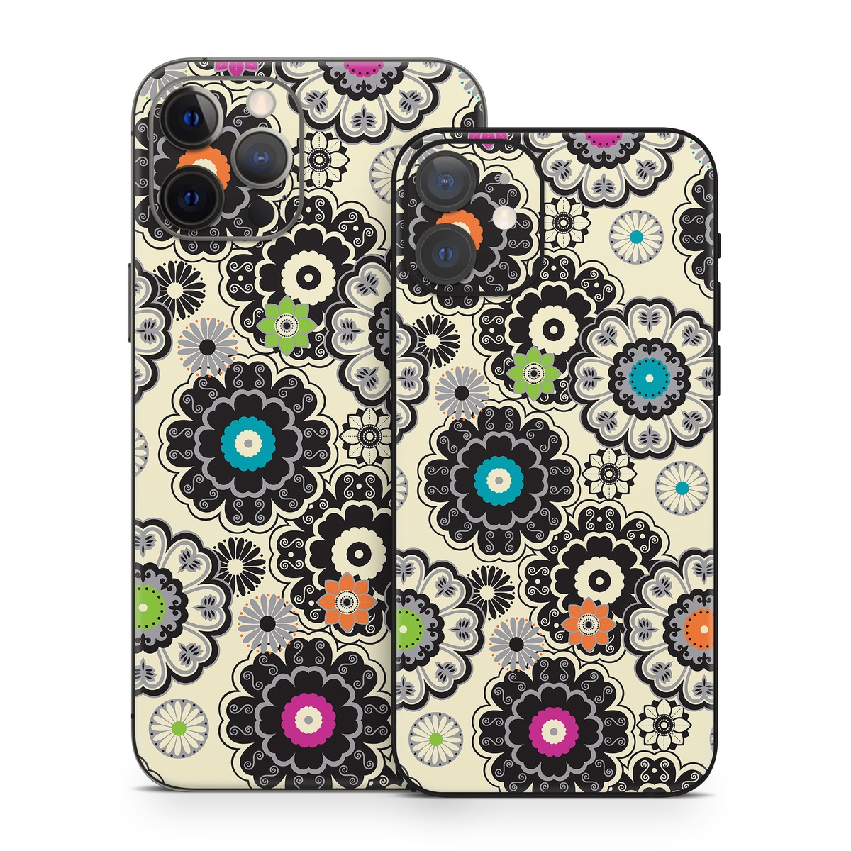 iPhone 12 Series Skin design of Pattern, Circle, Design, Visual arts, Floral design, Textile, Psychedelic art, Art, Plant, with gray, black, pink, green, purple colors