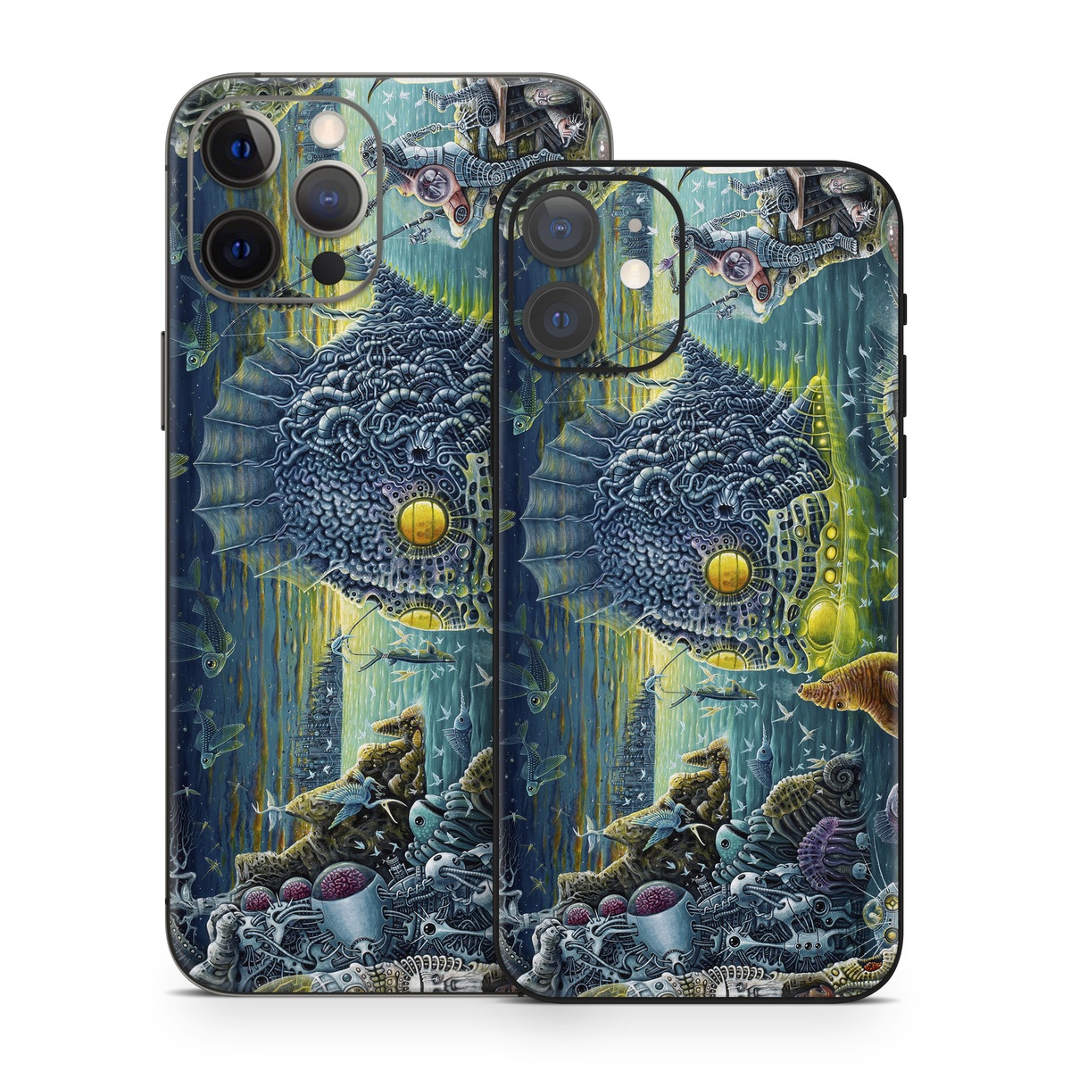 iPhone 12 Series Skin design of Organism, Water, Illustration, Art, Painting, Cg artwork, Fiction, Fictional character, Marine biology, Mythology, with black, gray, blue, green colors