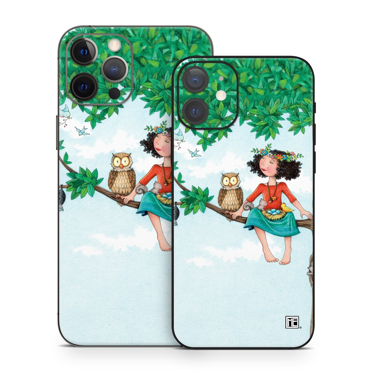 iPhone 12 Series Skin design of Cartoon, Illustration, Branch, Bird, Owl, Tree, Art, Plant, Clip art, Fictional character, with blue, gray, red, black, white, green colors