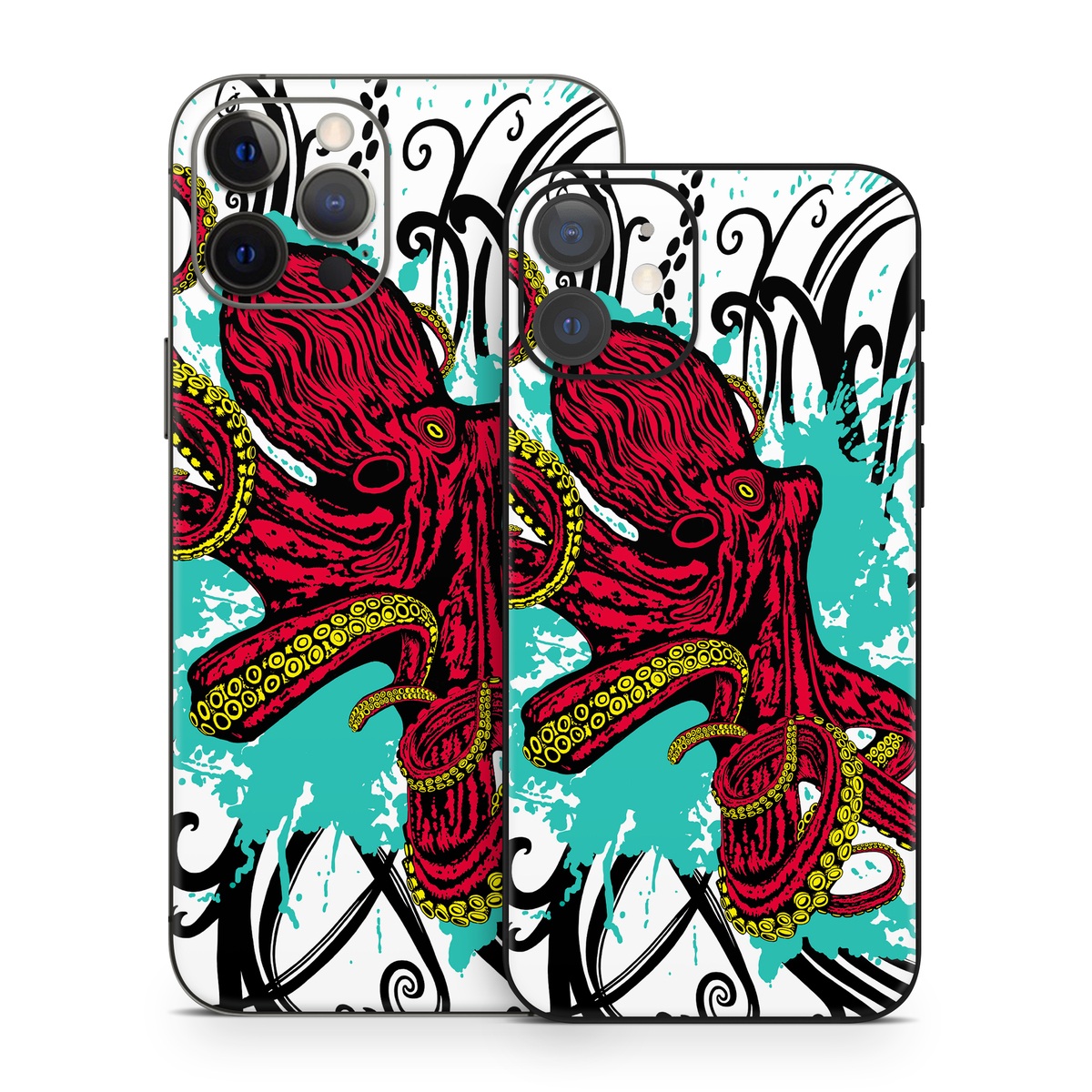 iPhone 12 Series Skin design of Graphic design, Illustration, Visual arts, Octopus, Design, Art, Fictional character, Pattern, Clip art, Line art, with black, white, gray, red, blue, green colors