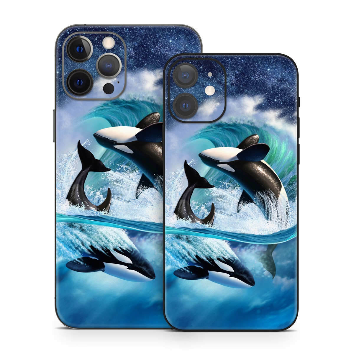 iPhone 12 Series Skin design of Dolphin, Short-beaked common dolphin, Sky, Cetacea, Killer whale, Marine mammal, Water, Illustration, Bottlenose dolphin, Common bottlenose dolphin, with black, blue, white, green colors