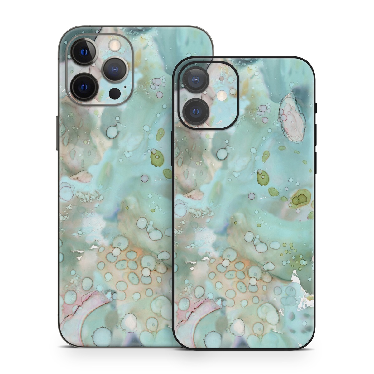 iPhone 12 Series Skin design of Aqua, Blue, Green, Watercolor paint, Pattern, Turquoise, Organism, Design, Art, Painting, with blue, green, pink colors