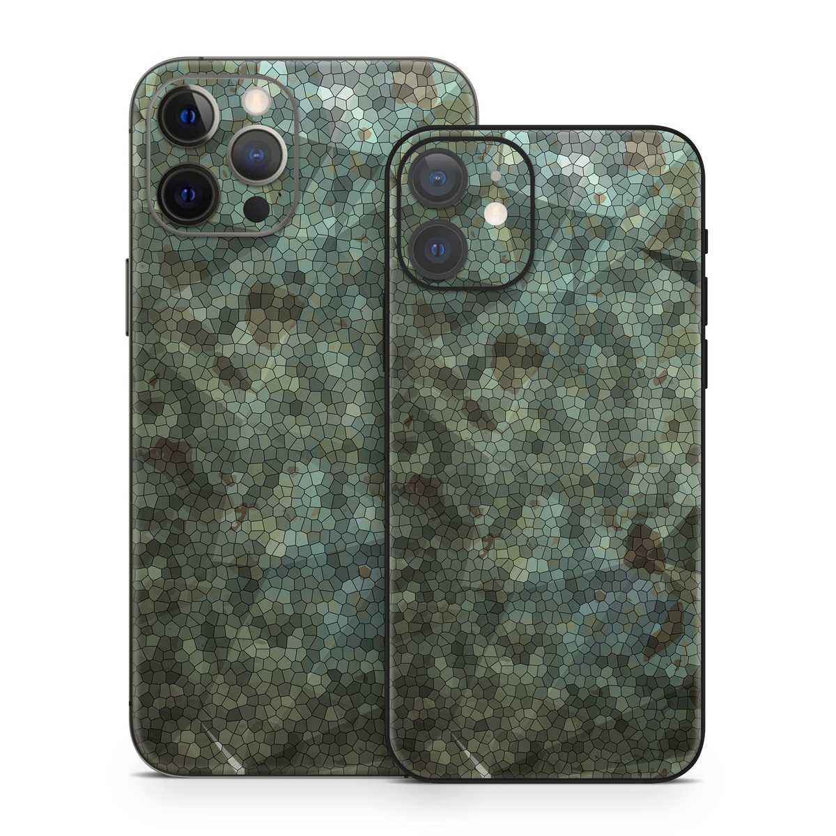 iPhone 12 Series Skin design of Green, Pattern, Brown, Wall, Design, Rock, Geology, Camouflage, Granite, Metal, with black, brown, blue, gray, white colors