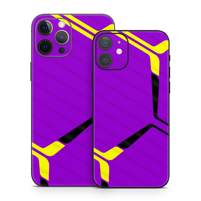 iPhone 12 Series Skin design of Colorfulness, Purple, Violet, Line, Magenta, Parallel, Symmetry, Pattern, Electric blue, Font, with purple, yellow, black colors