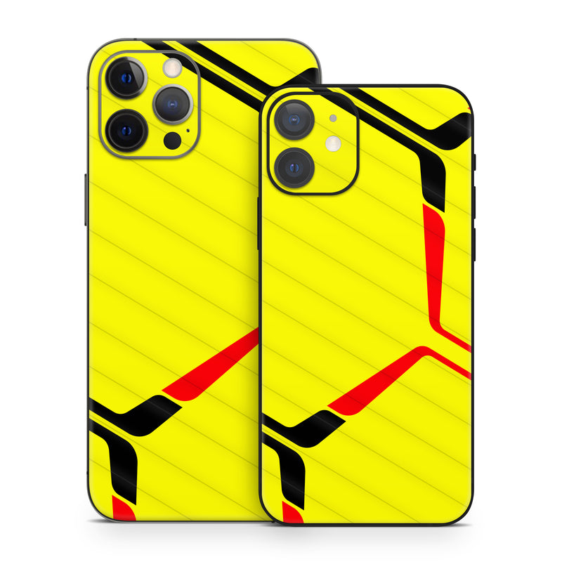 iPhone 12 Series Skin design of Rectangle, Yellow, Parallel, Font, Tints and shades, Wood, Triangle, Pattern, Graphics, Symmetry, with yellow, black, red colors