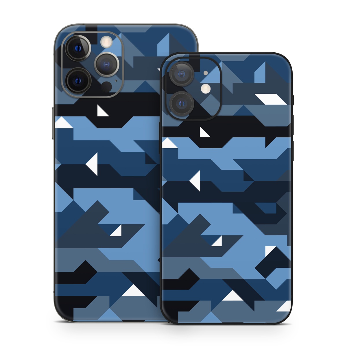 iPhone 12 Series Skin design of Blue, Pattern, Design, Font, Line, Camouflage, Illustration, Triangle, with blue, black, white, gray colors