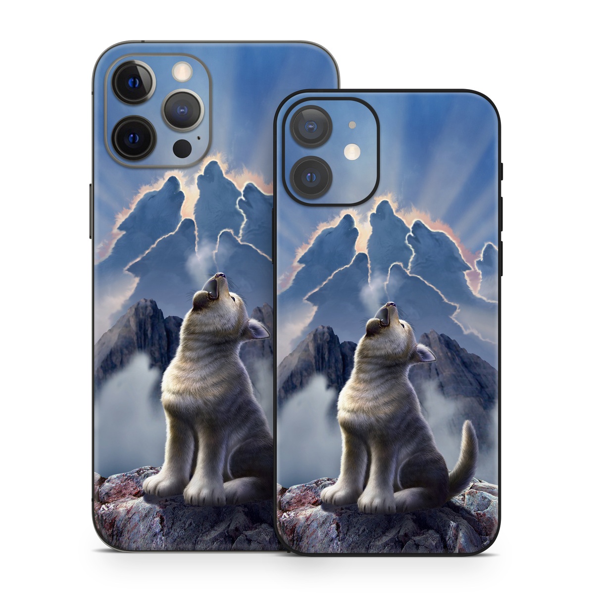 iPhone 12 Series Skin design of Sky, Cloud, Atmosphere, Rock, Wolf, Photography, Cg artwork, Illustration, Mountain, Mythology, with white, blue, gray, brown colors