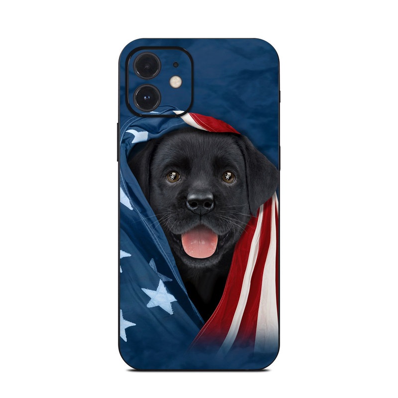 iPhone 12 Series Skin design of Canidae, Dog, Dog breed, Flag, Snout, Carnivore, Sporting Group, Labrador retriever, Flag of the united states, Puppy, with black, gray, white, blue, red colors
