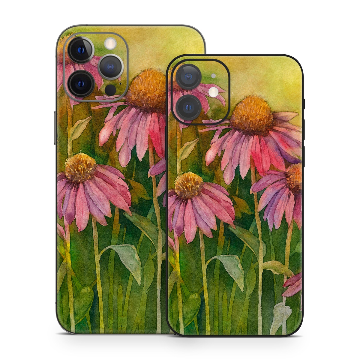 iPhone 12 Series Skin design of Flowering plant, Purple coneflower, Coneflower, Flower, Plant, Watercolor paint, Wildflower, black-eyed susan, Petal, Daisy family, with black, green, red, gray, purple colors
