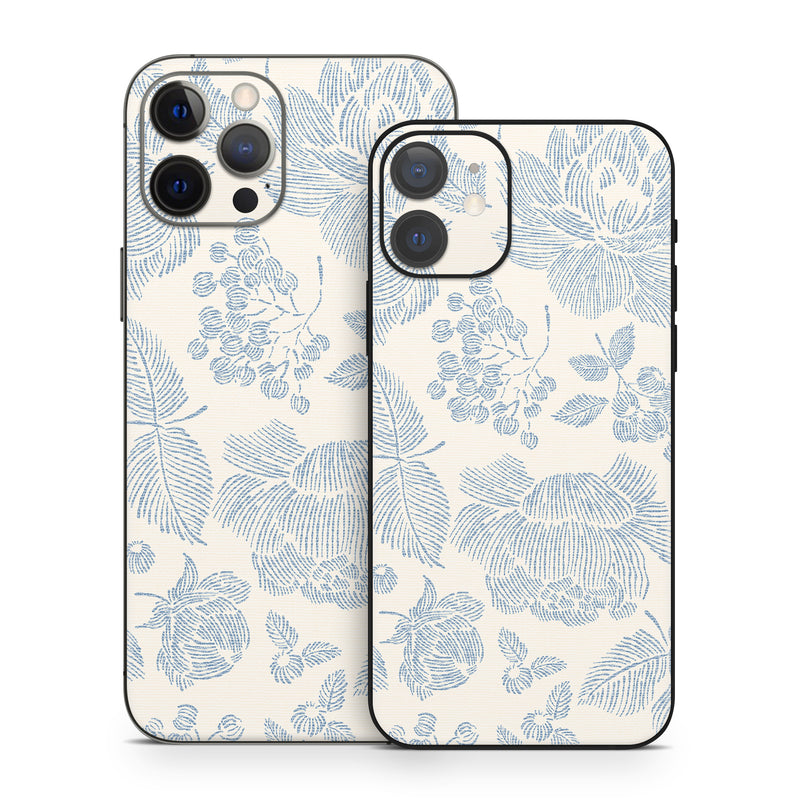 iPhone 12 Series Skin design of White, Botany, Leaf, Textile, Branch, Organism, Art, Aqua, Line, Rectangle, with white, blue colors