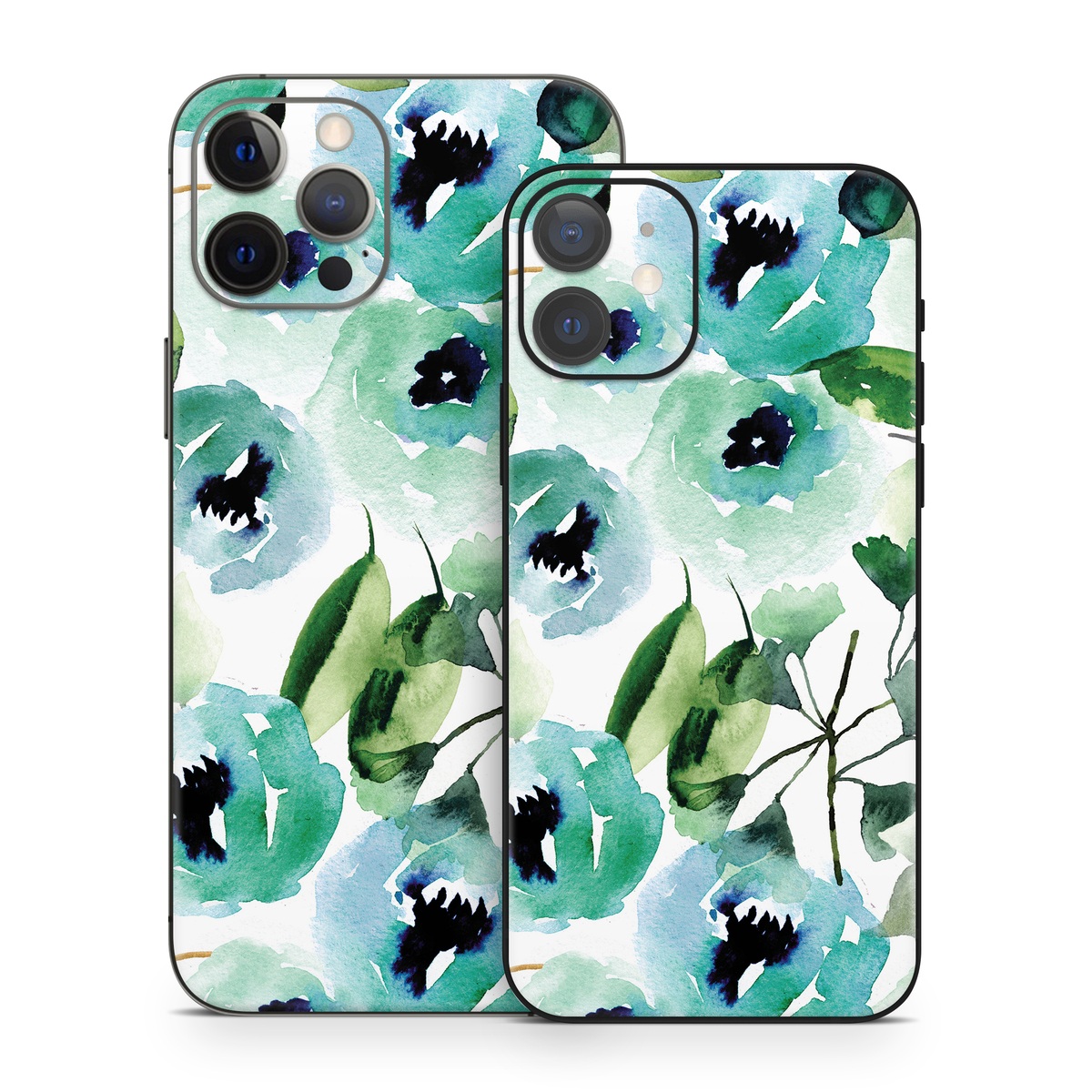 iPhone 12 Series Skin design of Green, Pattern, Leaf, Aqua, Plant, Design, Branch, Organism, Flower, Ivy, with white, green, blue, black colors