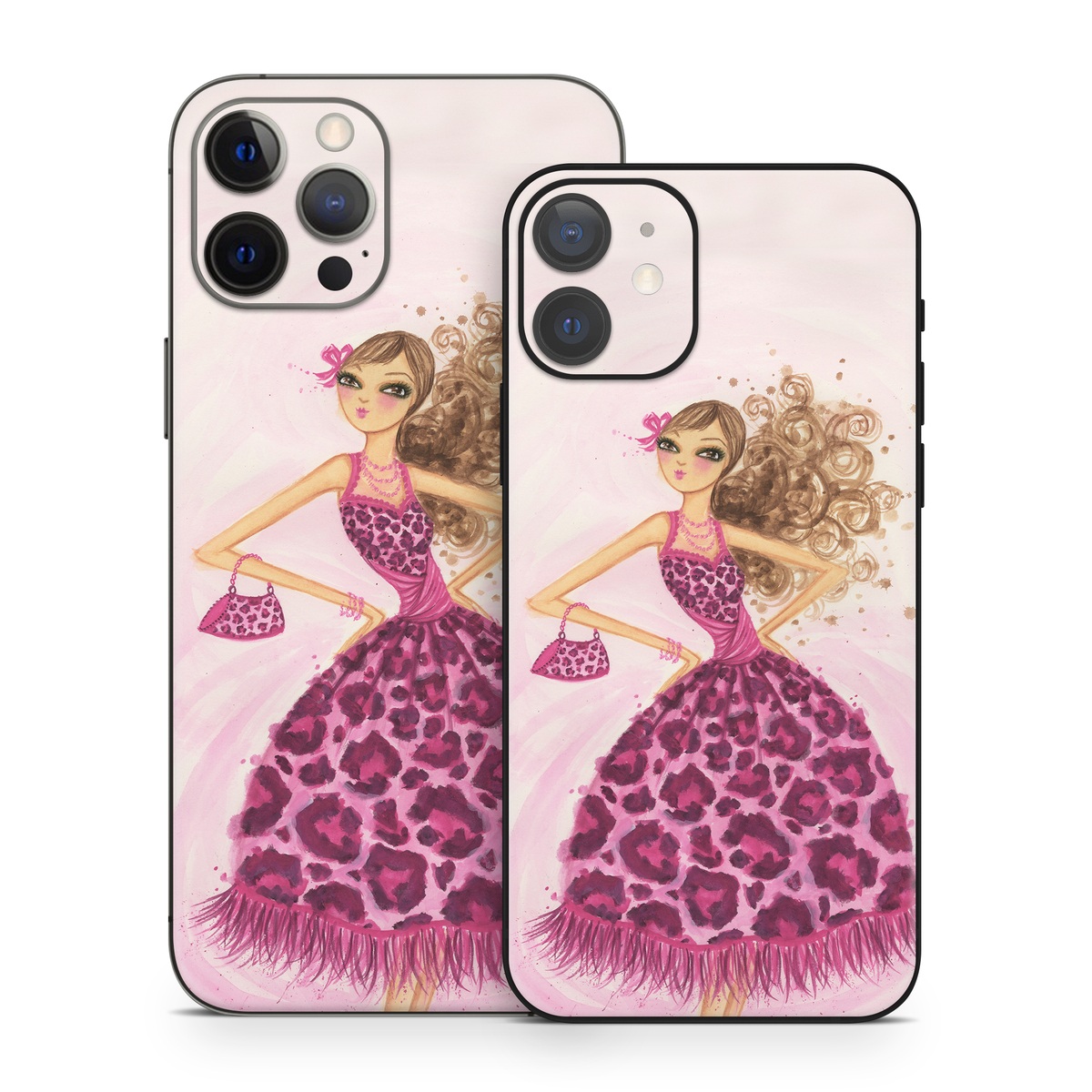 iPhone 12 Series Skin design of Pink, Doll, Dress, Fashion illustration, Barbie, Fashion design, Illustration, Gown, Costume design, Toy, with pink, gray, red, purple, green colors