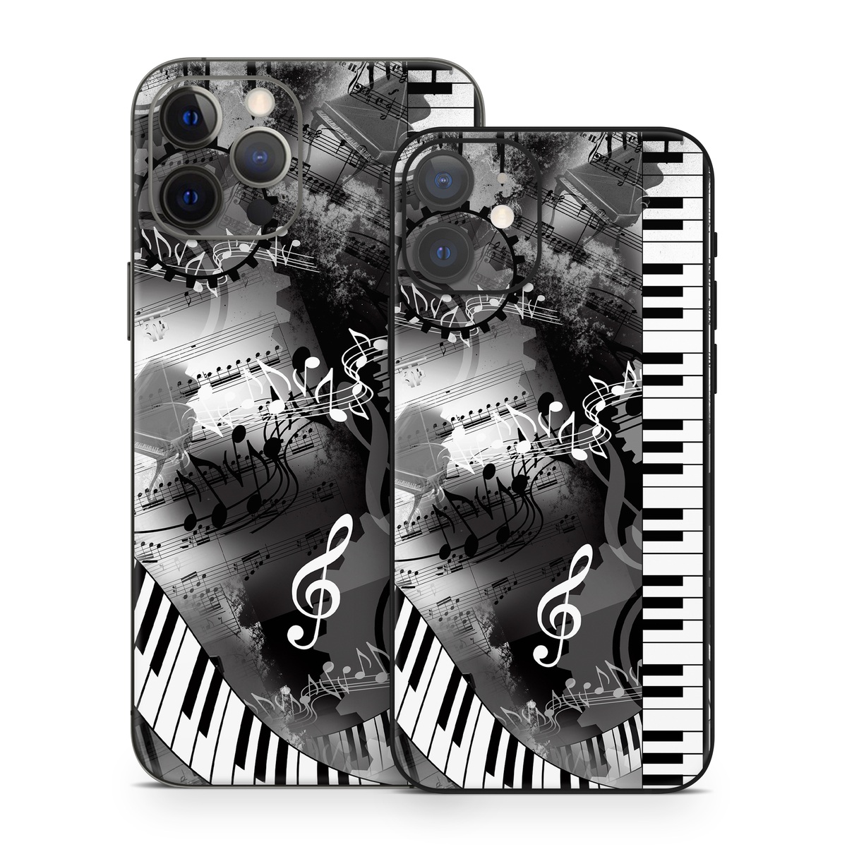 iPhone 12 Series Skin design of Music, Monochrome, Black-and-white, Illustration, Graphic design, Musical instrument, Technology, Musical keyboard, Piano, Electronic instrument, with black, gray, white colors