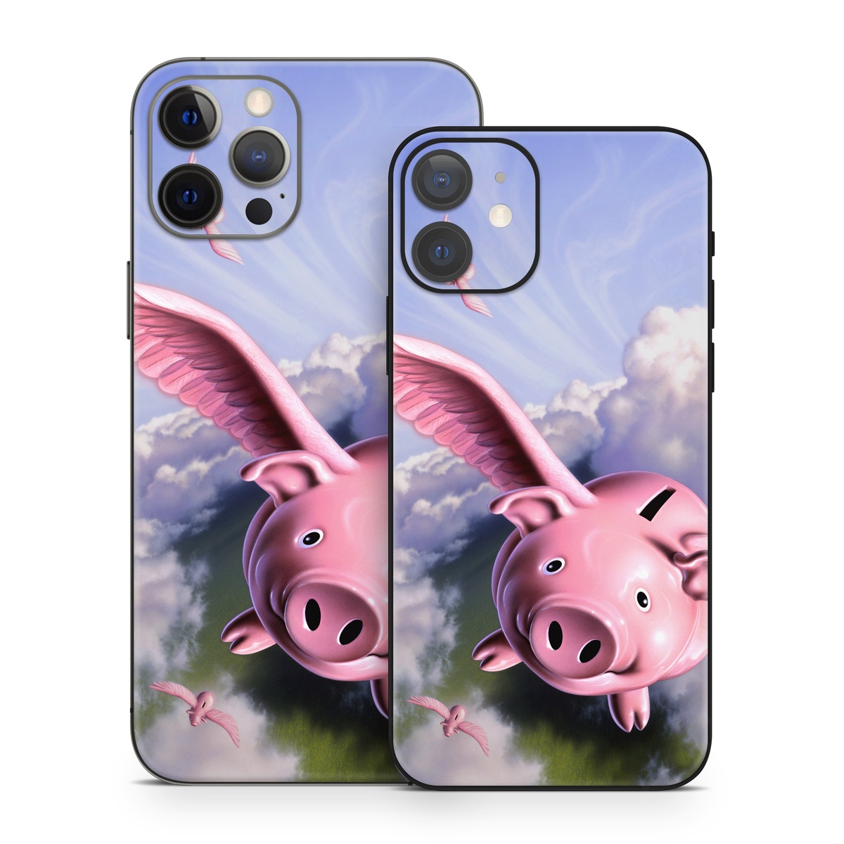 iPhone 12 Series Skin design of Cloud, Sky, Happy, Pink, Bird, Art, Wing, Snout, Wind, Fictional character, with pink, white, blue, gray, green colors
