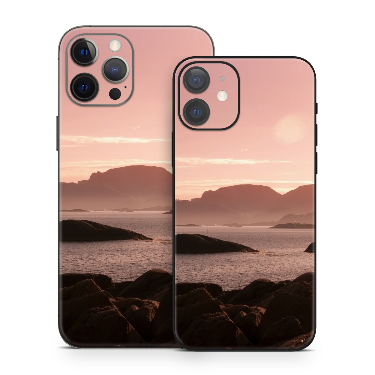 iPhone 12 Series Skin design of Sky, Nature, Sea, Atmospheric phenomenon, Horizon, Natural landscape, Coast, Cloud, Morning, Calm, with gray, black, red, pink, green colors