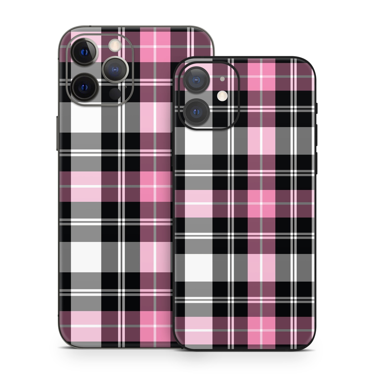iPhone 12 Series Skin design of Plaid, Tartan, Pattern, Pink, Purple, Violet, Line, Textile, Magenta, Design, with black, gray, pink, red, white, purple colors
