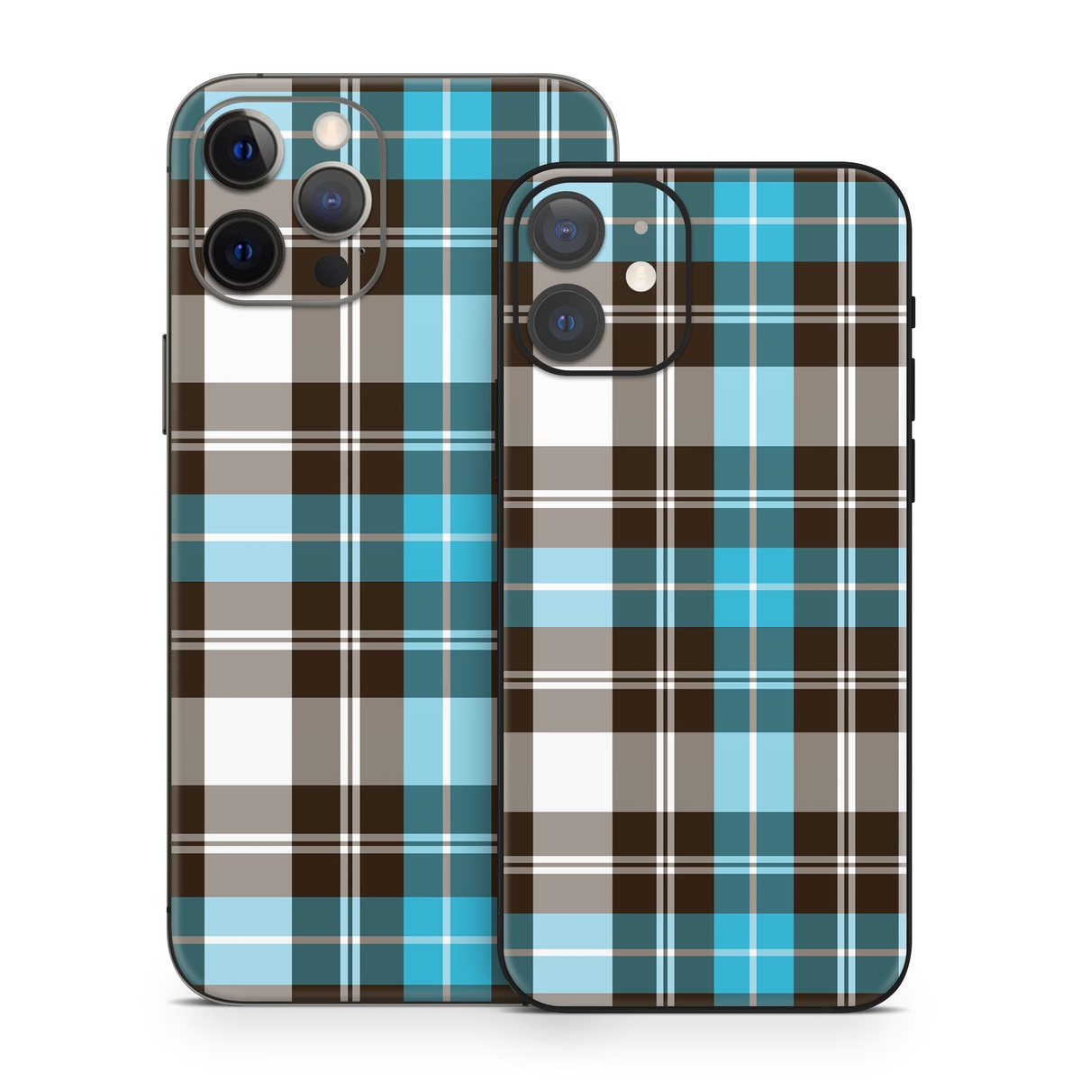 iPhone 12 Series Skin design of Plaid, Pattern, Tartan, Turquoise, Textile, Design, Brown, Line, Tints and shades, with gray, black, blue, white colors