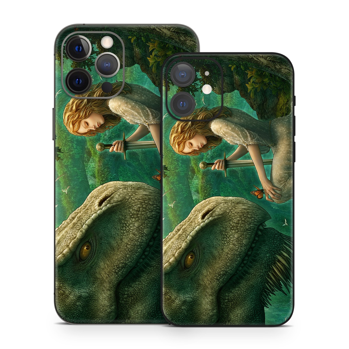 iPhone 12 Series Skin design of Dinosaur, Cg artwork, Mythology, Fictional character, Troodon, Extinction, Velociraptor, Illustration, Animated cartoon, Tyrannosaurus, with black, green, gray, red colors