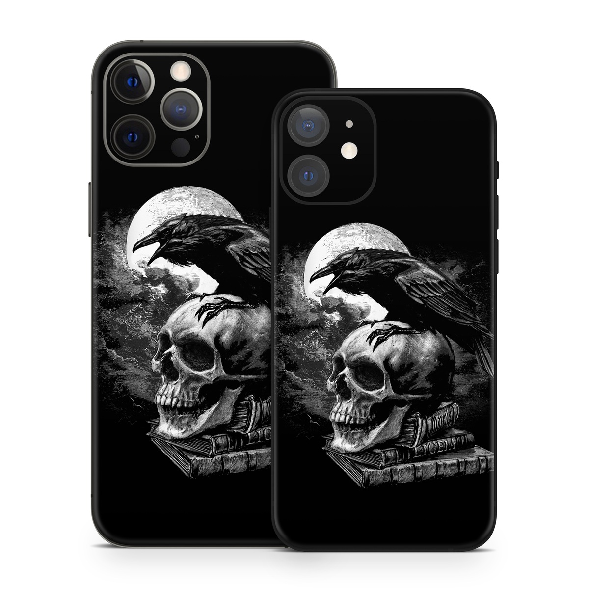 iPhone 12 Series Skin design of Bone, Skull, Bird, Darkness, Monochrome, Wing, Black-and-white, Illustration, Beak, Fictional Character, Drawing, Symbol, with black, white, gray colors
