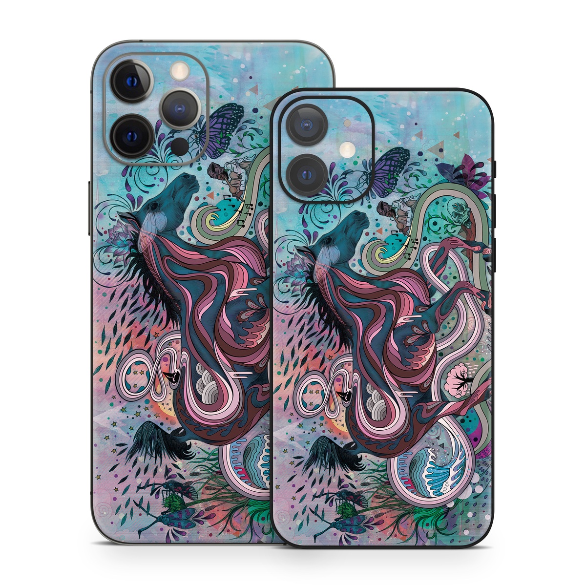 iPhone 12 Series Skin design of Illustration, Art, Visual arts, Graphic design, Fictional character, Psychedelic art, Pattern, Drawing, Painting, Mythology, with gray, black, blue, red, purple colors