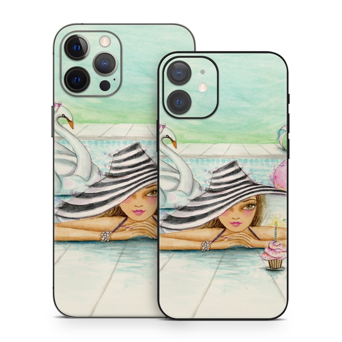 iPhone 12 Series Skin design of Watercolor paint, Illustration, Cartoon, Art, Painting, Drawing, Fictional character, with blue, pink, white, black, brown, red, green, yellow colors