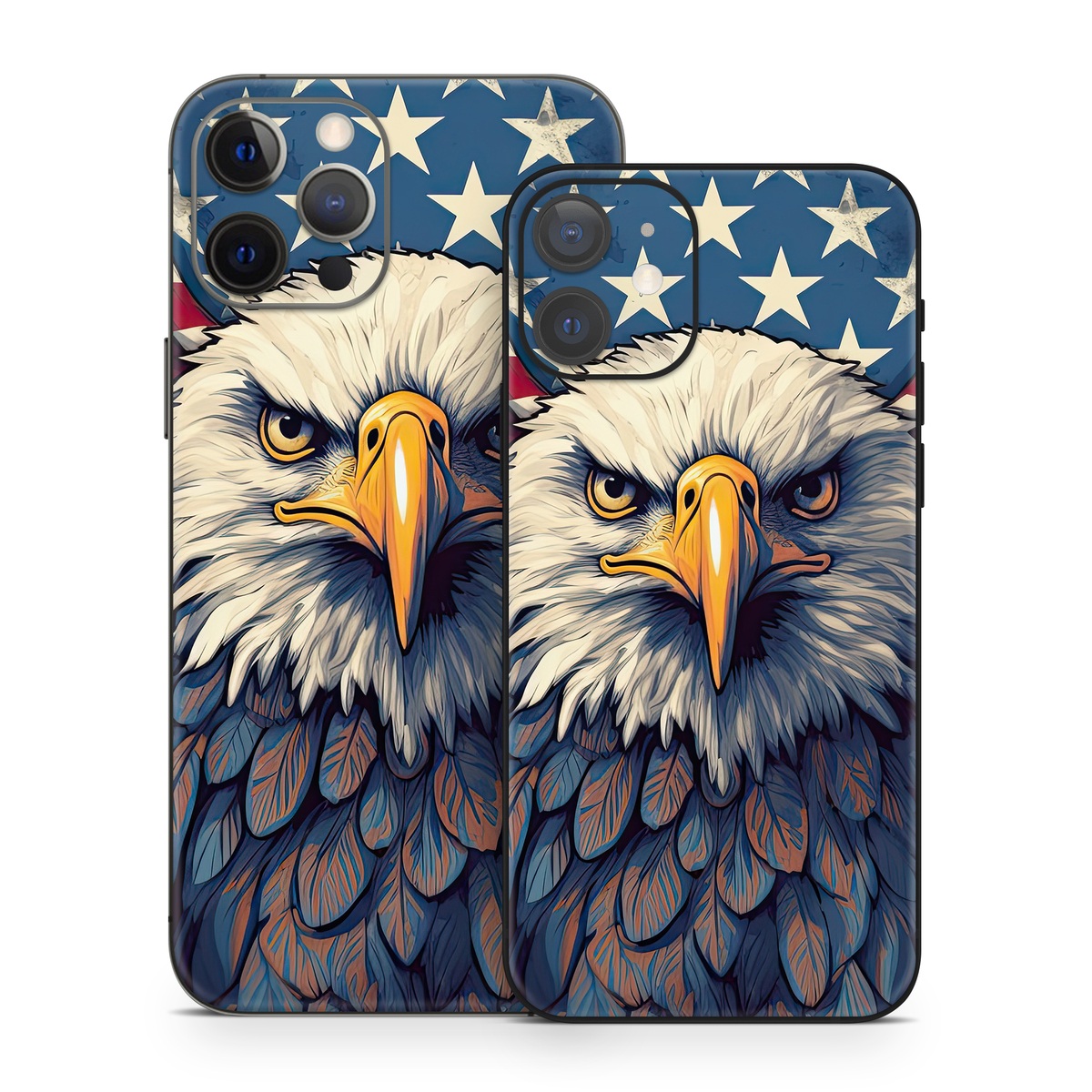 iPhone 12 Series Skin design of Bird, Accipitridae, Beak, Sea eagle, Falconiformes, Feather, Eagle, Painting, Art, Bald eagle, with red, blue, white, brown, yellow, gray, orange colors