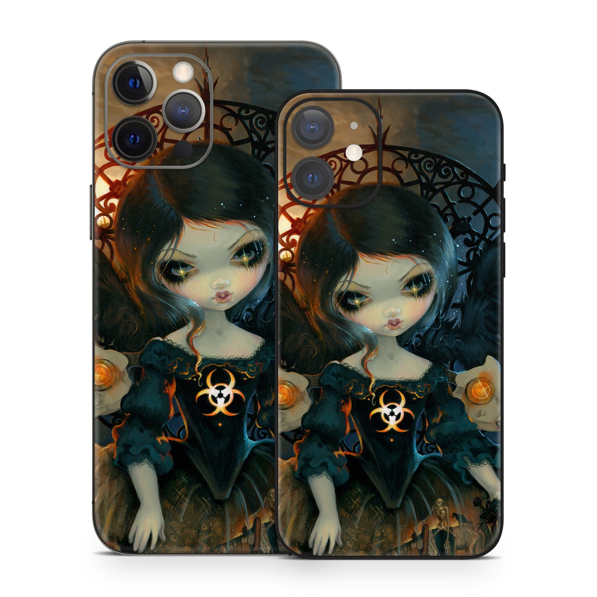 iPhone 12 Series Skin design of Doll, Head, Illustration, Eye, Cg artwork, Fictional character, Toy, Iris, Art, Mythology, with brown, red, black, orange, blue, yellow colors