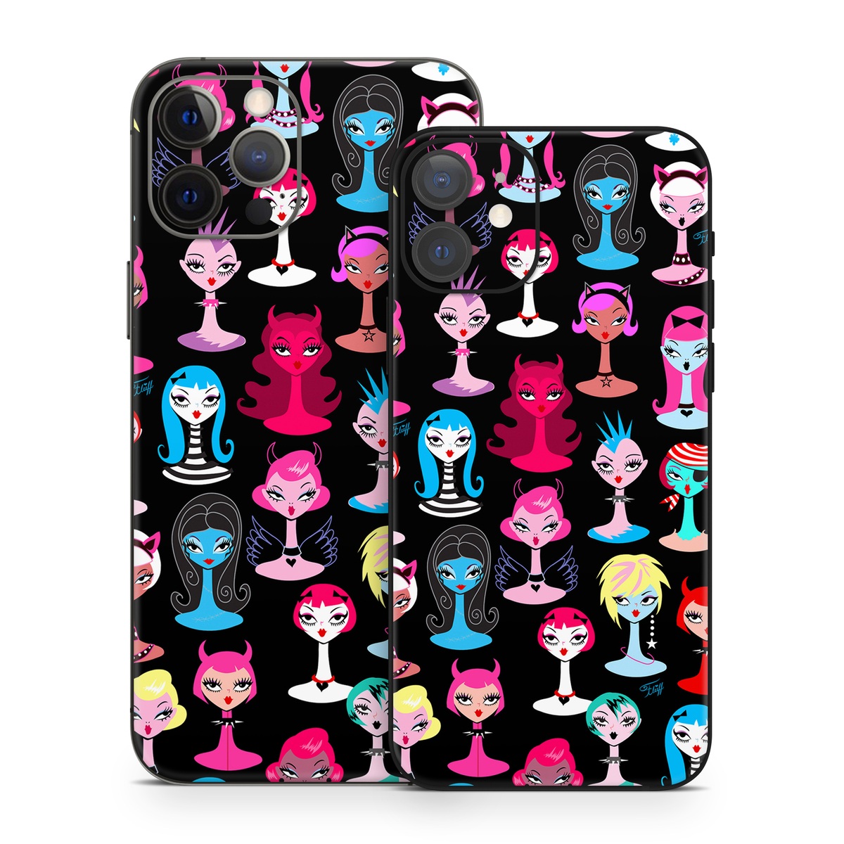 iPhone 12 Series Skin design of Facial expression, Product, Font, Pink, Red, Magenta, Material property, Pattern, Fictional character, Illustration, with black, pink, blue, brown, red, green, white, yellow colors