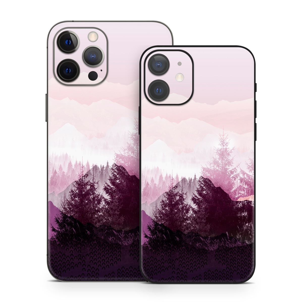 iPhone 12 Series Skin design of Sky, Purple, Atmospheric phenomenon, Pink, Natural landscape, Violet, Mountain, Tree, Morning, Mountain range, with white, purple, black, pink colors