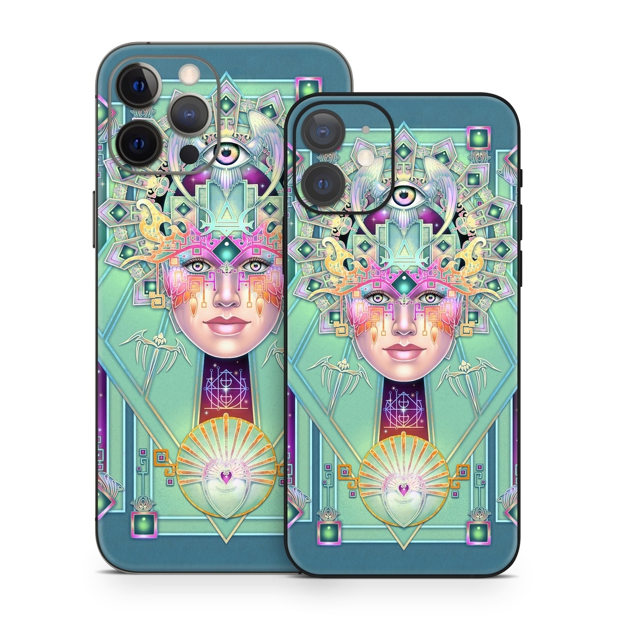 iPhone 12 Series Skin design of Head, Eye, Eyelash, Font, Art, Magenta, Rectangle, Painting, Illustration, Pattern, with blue, green, yellow, red, purple, white colors