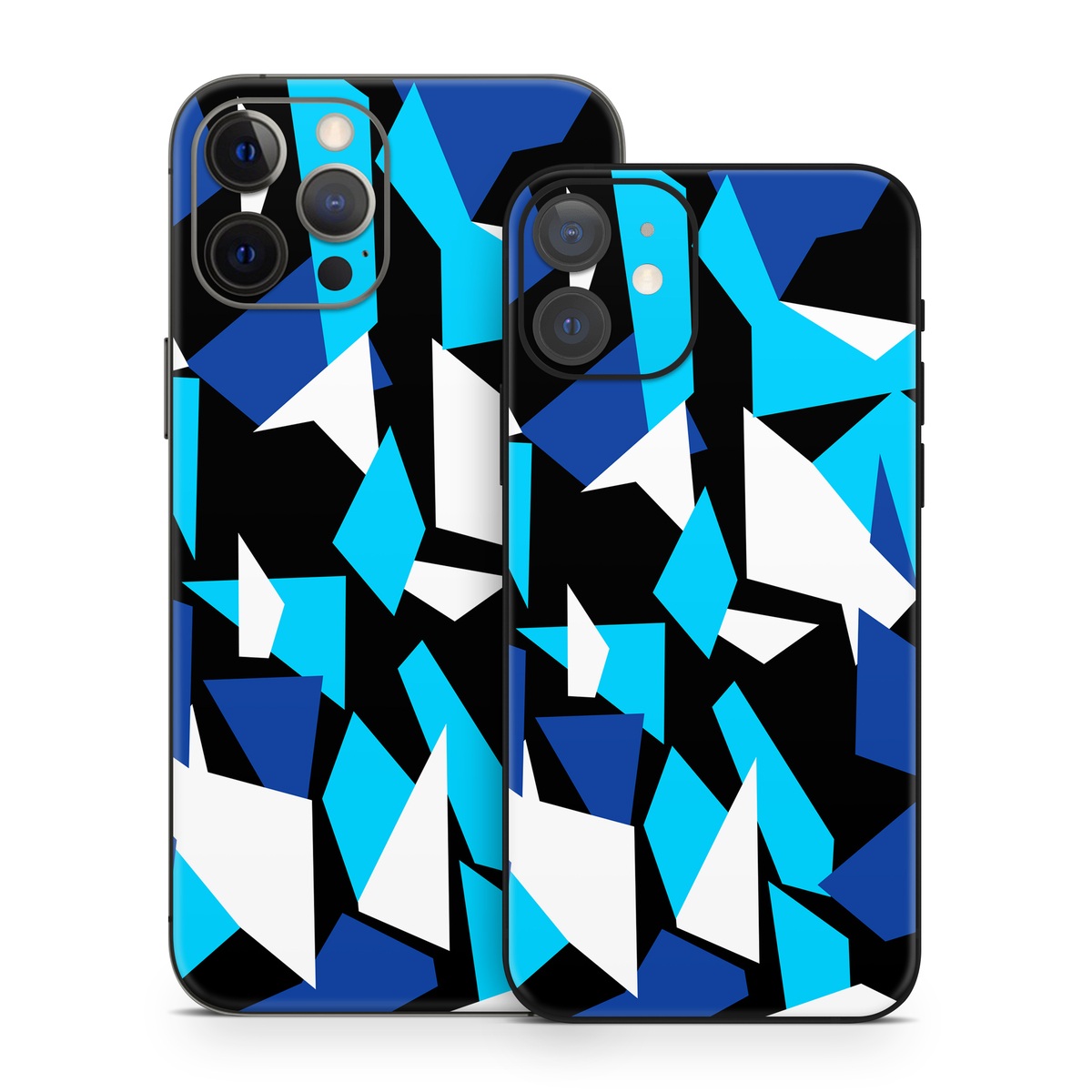 iPhone 12 Series Skin design of Blue, Pattern, Turquoise, Cobalt blue, Teal, Design, Electric blue, Graphic design, Triangle, Font, with blue, white, black colors