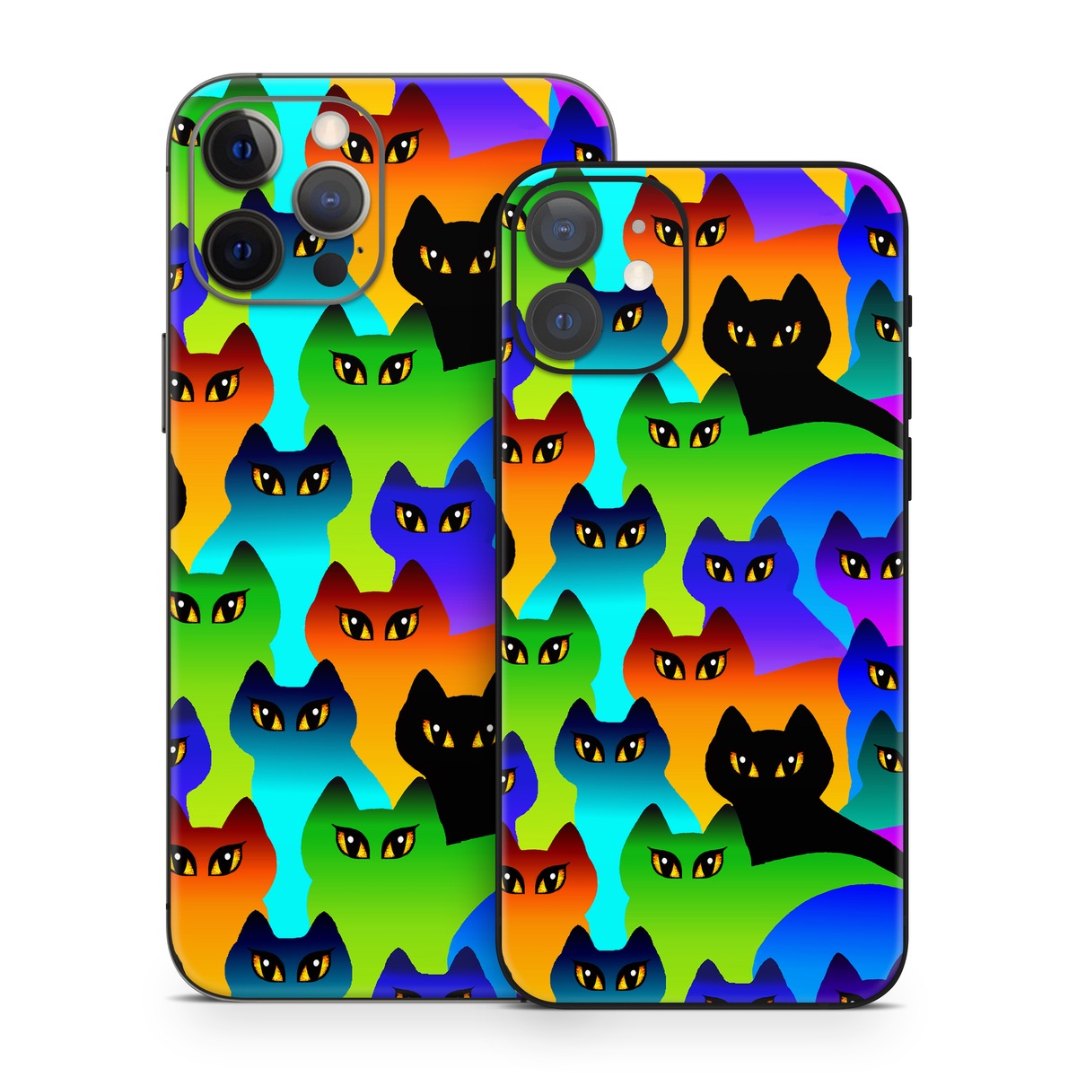 iPhone 12 Series Skin design of Black cat, Purple, Cat, Small to medium-sized cats, Pattern, Design, Felidae, Illustration, Art, with black, blue, green, purple colors