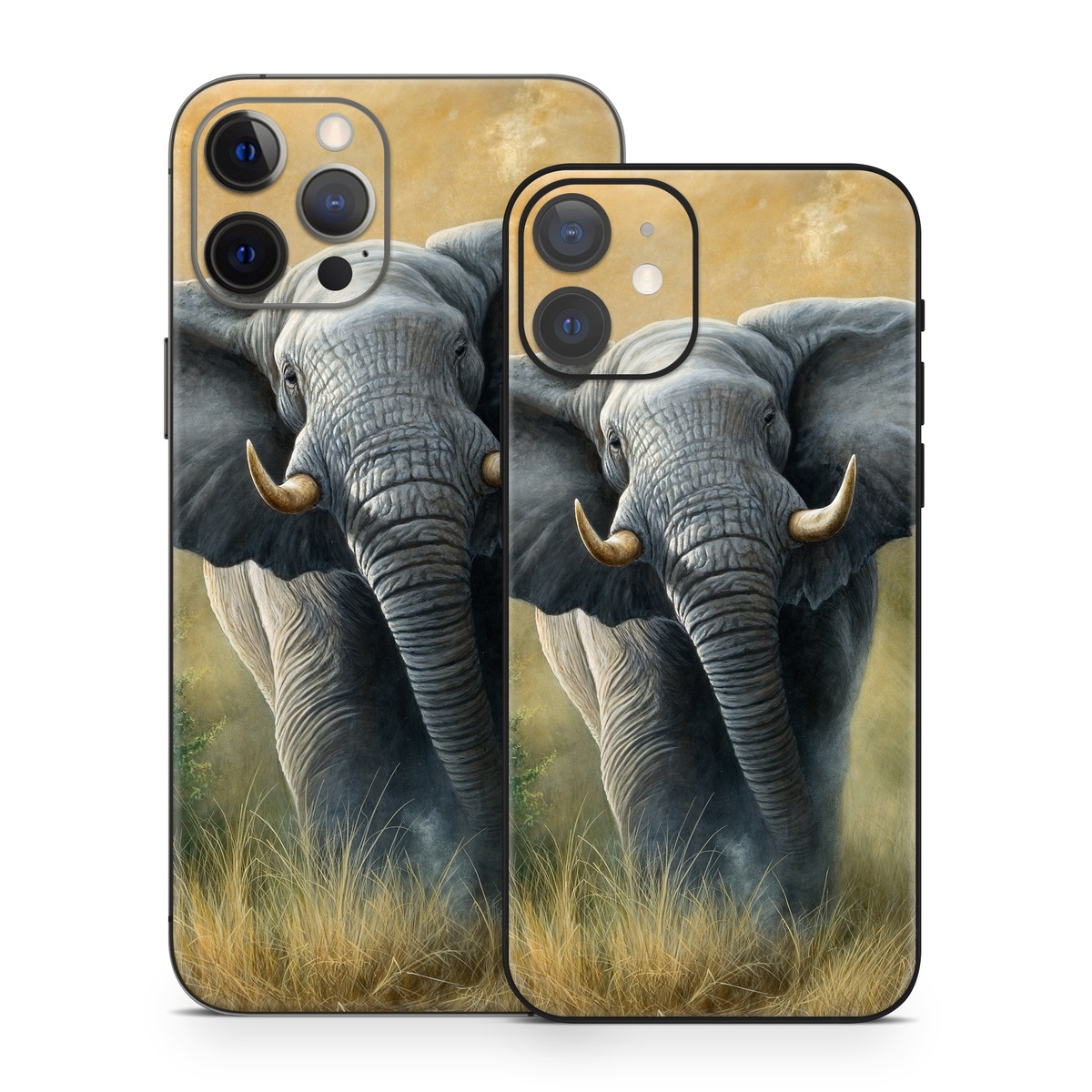iPhone 12 Series Skin design of Terrestrial animal, Elephants and Mammoths, Vertebrate, Wildlife, Mammal, African elephant, Indian elephant, Grassland, Working animal, Tusk, with gray, white, green, brown, yellow, orange colors