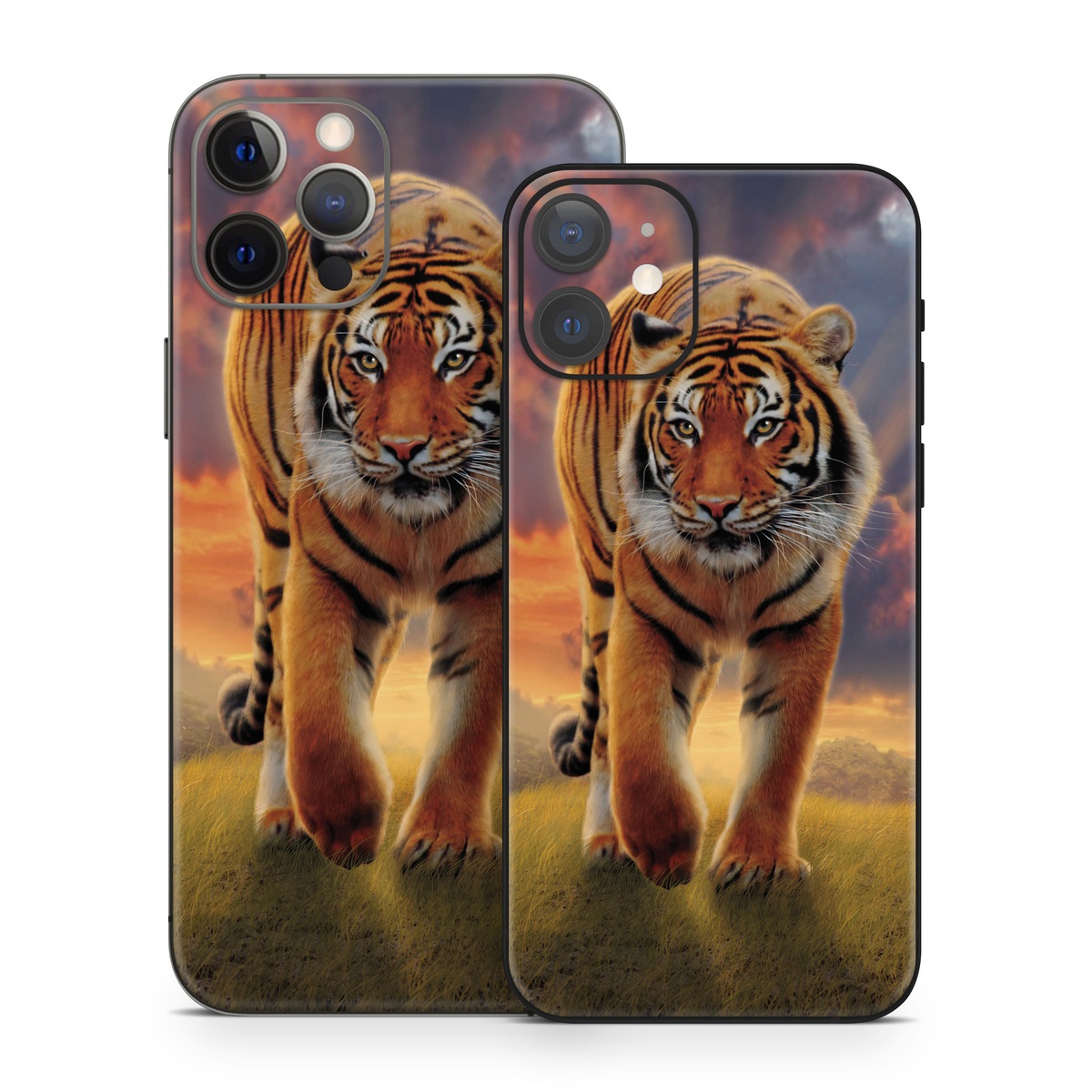 iPhone 12 Series Skin design of Tiger, Wildlife, Bengal tiger, Mammal, Felidae, Siberian tiger, Sky, Big cats, Terrestrial animal, Carnivore, with black, white, yellow, red, green, blue colors