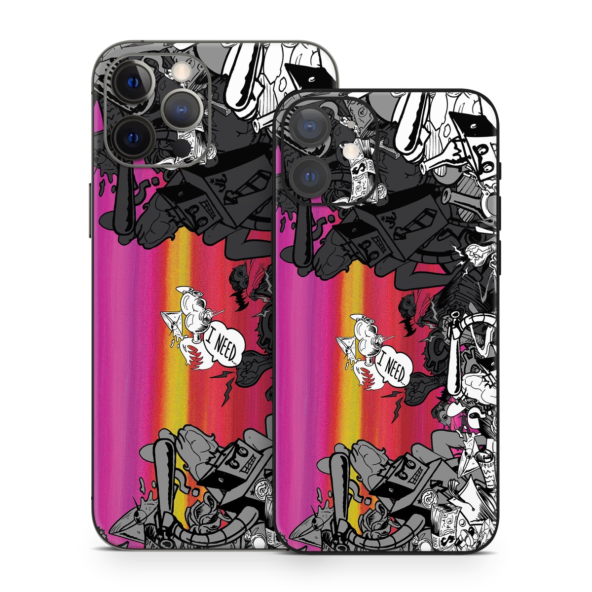 iPhone 12 Series Skin design of Cartoon, Illustration, Graphic design, Fiction, Fictional character, Font, Comics, Art, Drawing, Graphics, with black, gray, purple, white, red, green colors