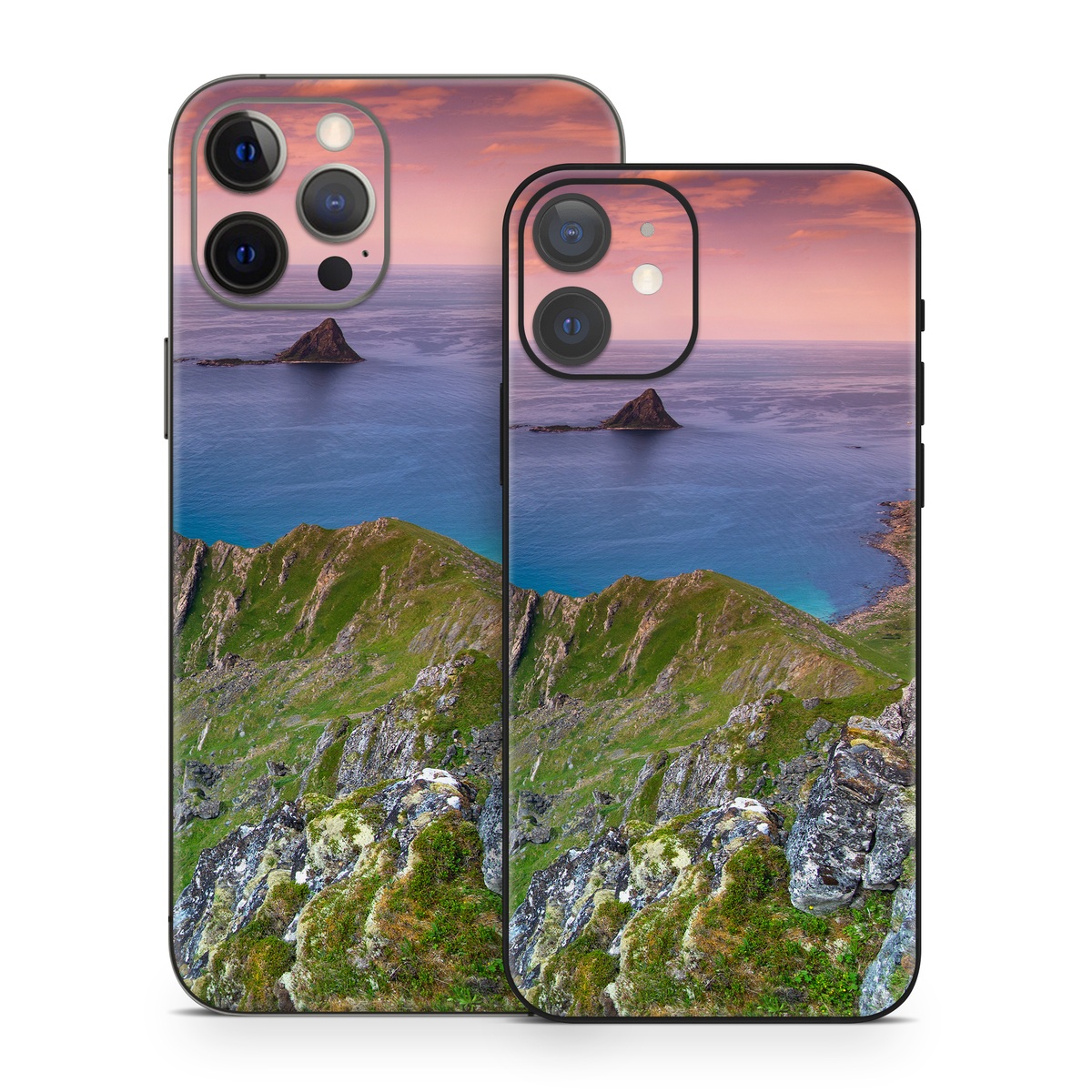iPhone 12 Series Skin design of Body of water, Nature, Sky, Coast, Sea, Headland, Natural landscape, Promontory, Coastal and oceanic landforms, Cliff, with red, orange, green, blue, yellow colors