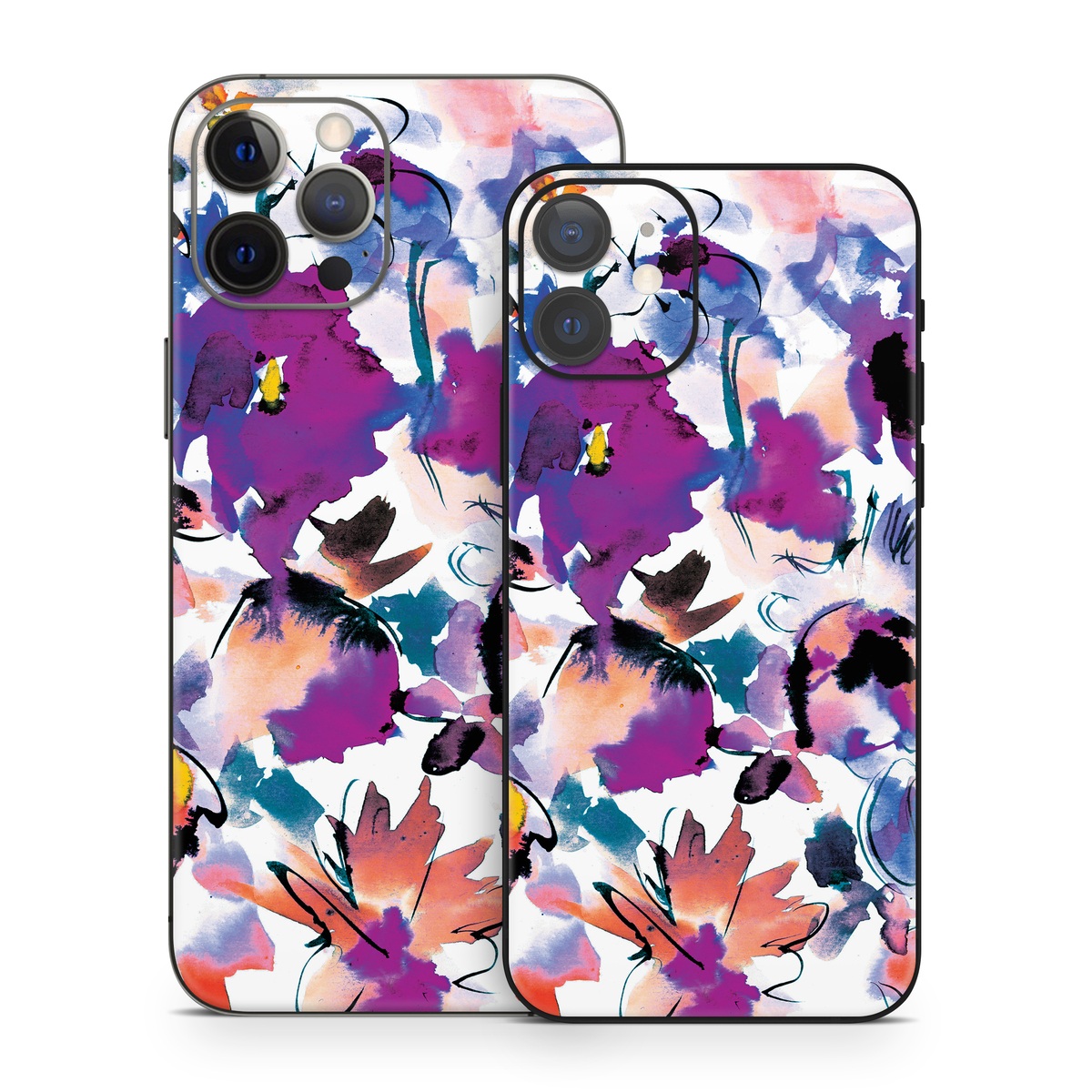 iPhone 12 Series Skin design of Product, Purple, Illustration, Graphic design, Plant, Clip art, Flower, Graphics, Wildflower, Watercolor paint, with white, purple, pink, yellow, blue, black colors