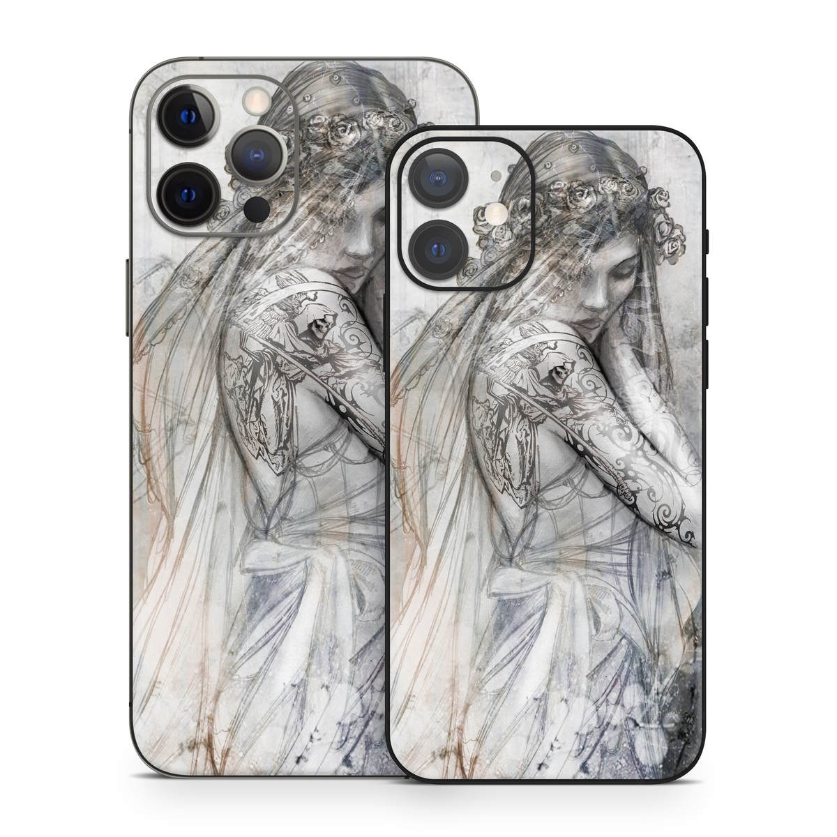 iPhone 12 Series Skin design of Lady, Art, Illustration, Drawing, Painting, Sketch, Mythology, Figure drawing, Long hair, Visual arts, with white, gray, black colors