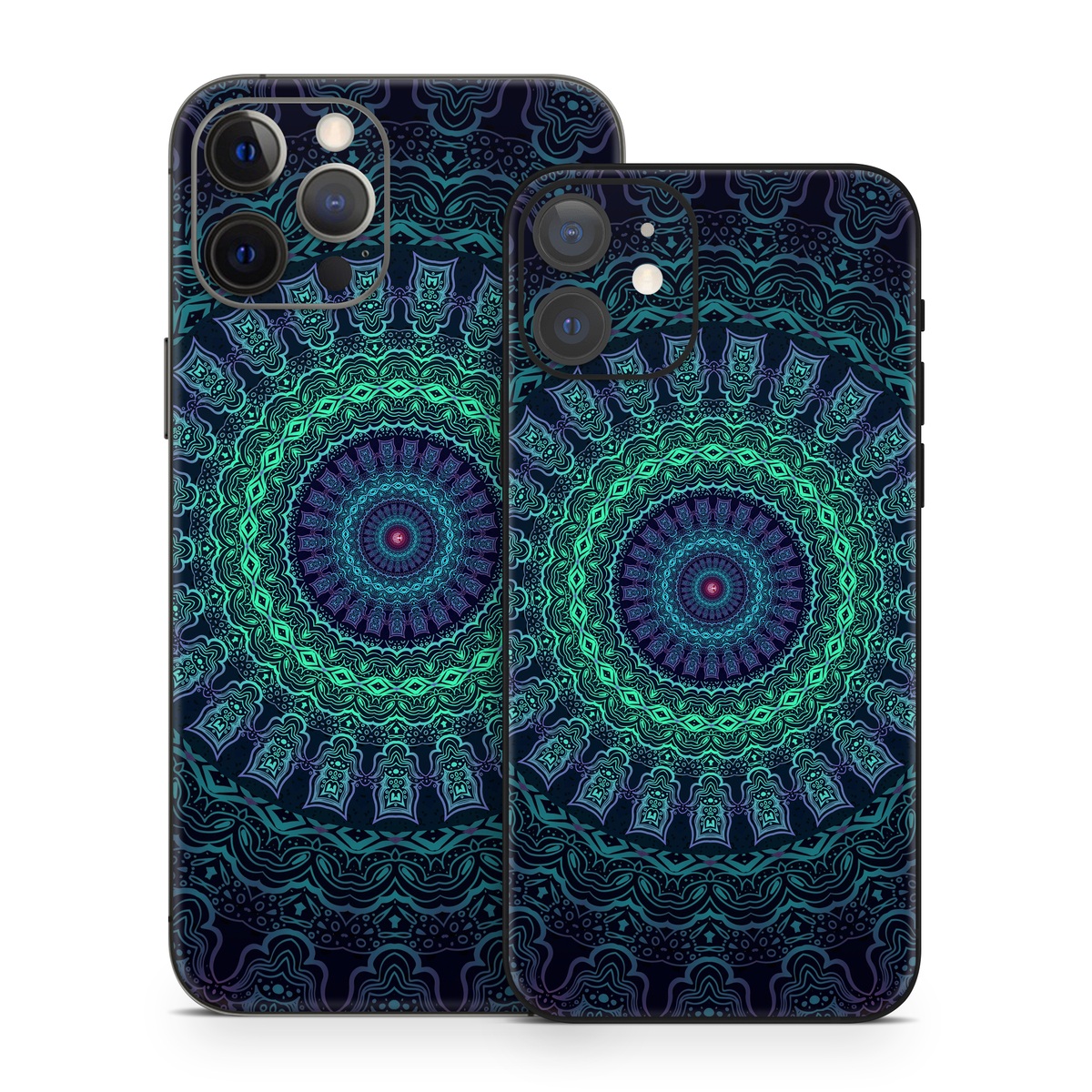 iPhone 12 Skin design of Colorfulness, Blue, Green, Pattern, Teal, Turquoise, Art, Electric Blue, Aqua, Circle, Majorelle Blue, Visual Arts, Fractal Art, Design, Symmetry, Psychedelic Art, Graphics, Kaleidoscope, Motif with black, green, red colors