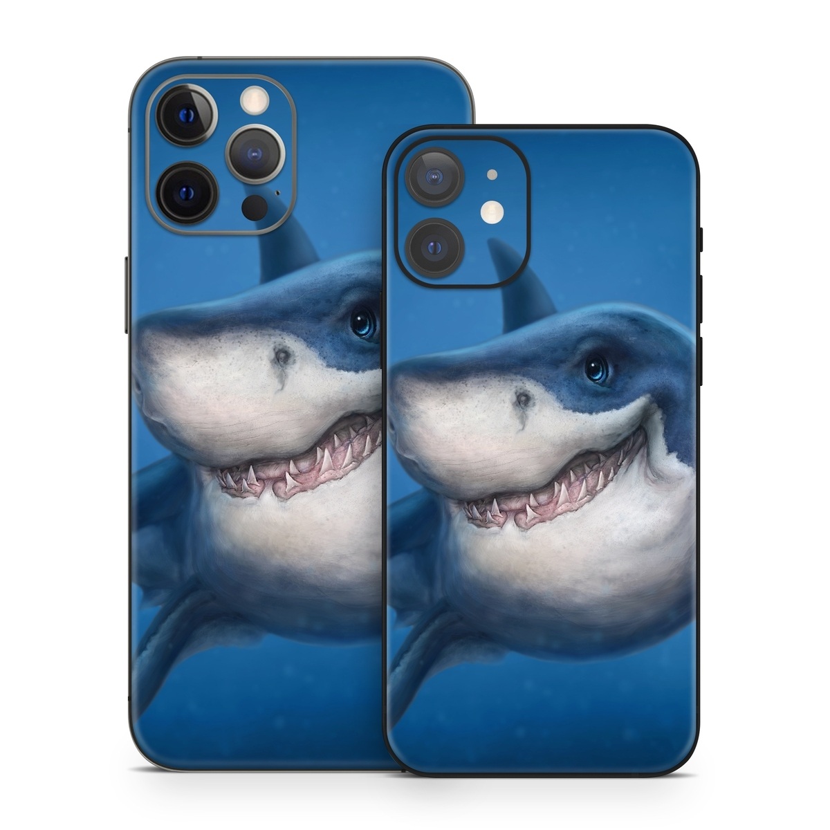 iPhone 12 Series Skin design of Fish, Great white shark, Shark, Tiger shark, Cartilaginous fish, Requiem shark, Lamniformes, Bull shark, Carcharhiniformes, with black, blue, gray colors