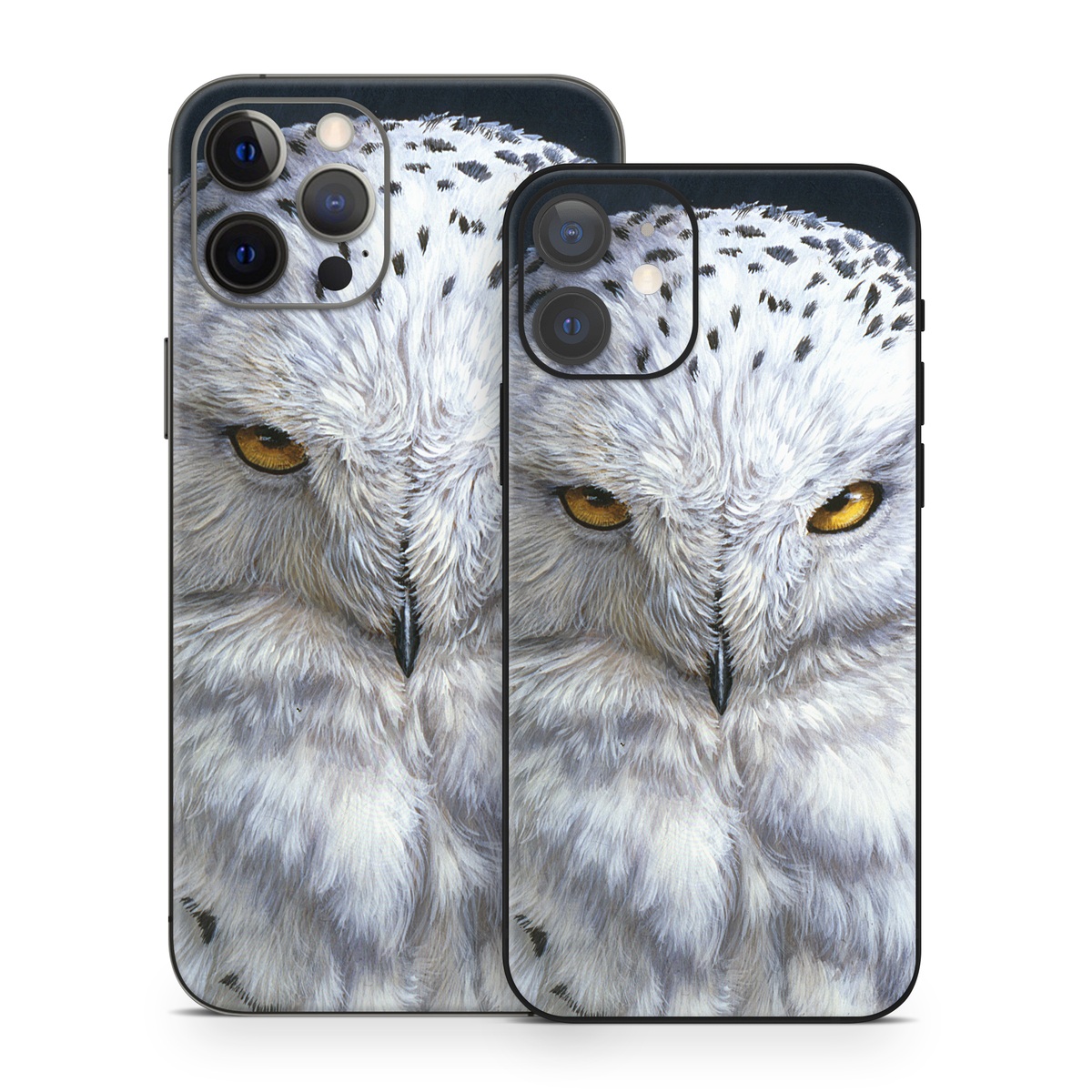 iPhone 12 Series Skin design of Owl, Bird, Bird of prey, Snowy owl, great grey owl, Close-up, Eye, Snout, Wildlife, Eastern Screech owl, with gray, white, black, blue, purple colors