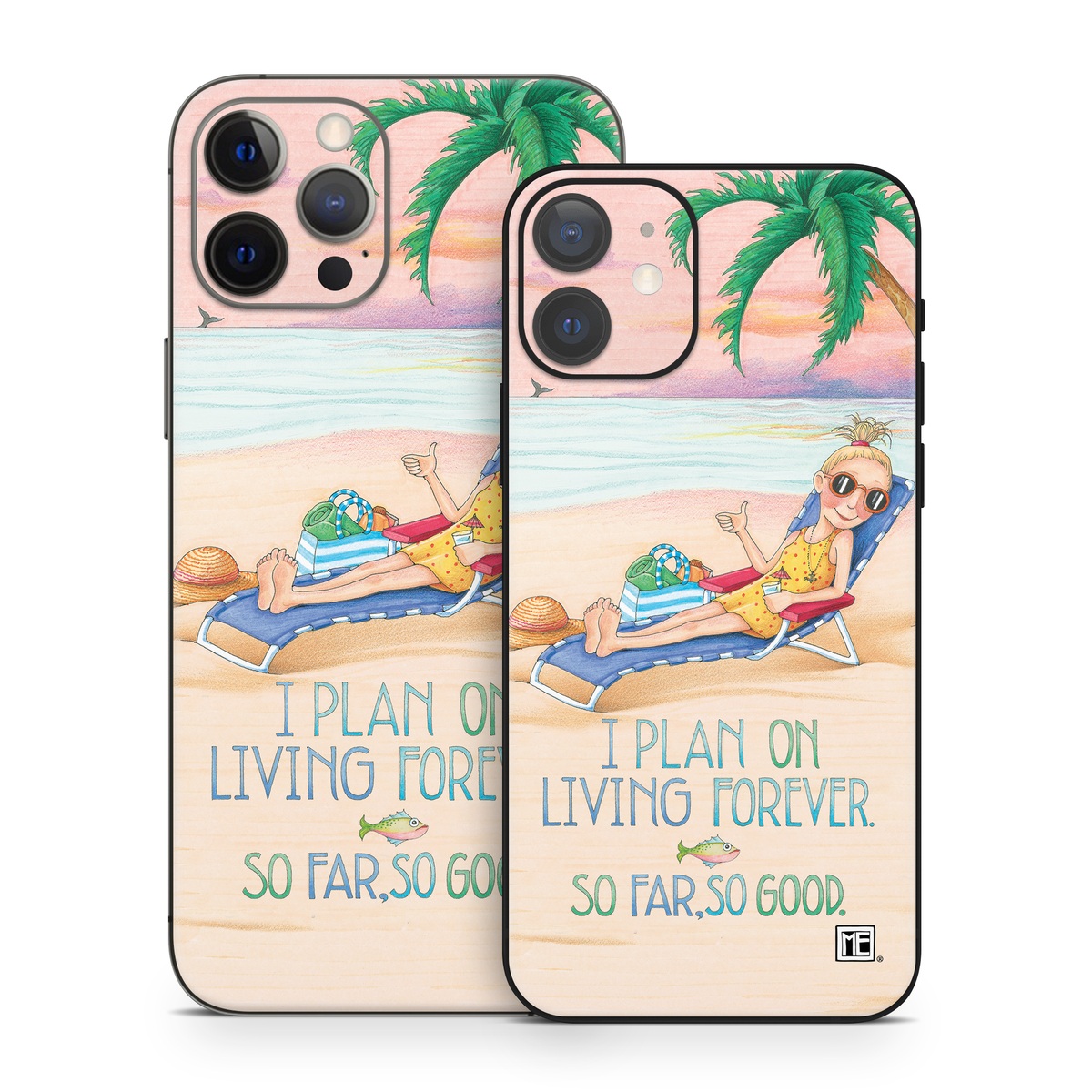 iPhone 12 Series Skin design of Vacation, Product, Summer, Aqua, Illustration, Sun tanning, Fictional character, Caribbean, Graphics, Happy, with pink, green, brown, yellow, blue, white, red colors