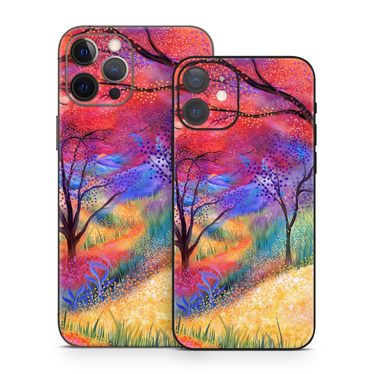 iPhone 12 Series Skin design of Plant, Art paint, Paint, Botany, Natural environment, Natural landscape, Leaf, Branch, People in nature, Tree, with red, blue, yellow, green, purple, orange, black, white colors
