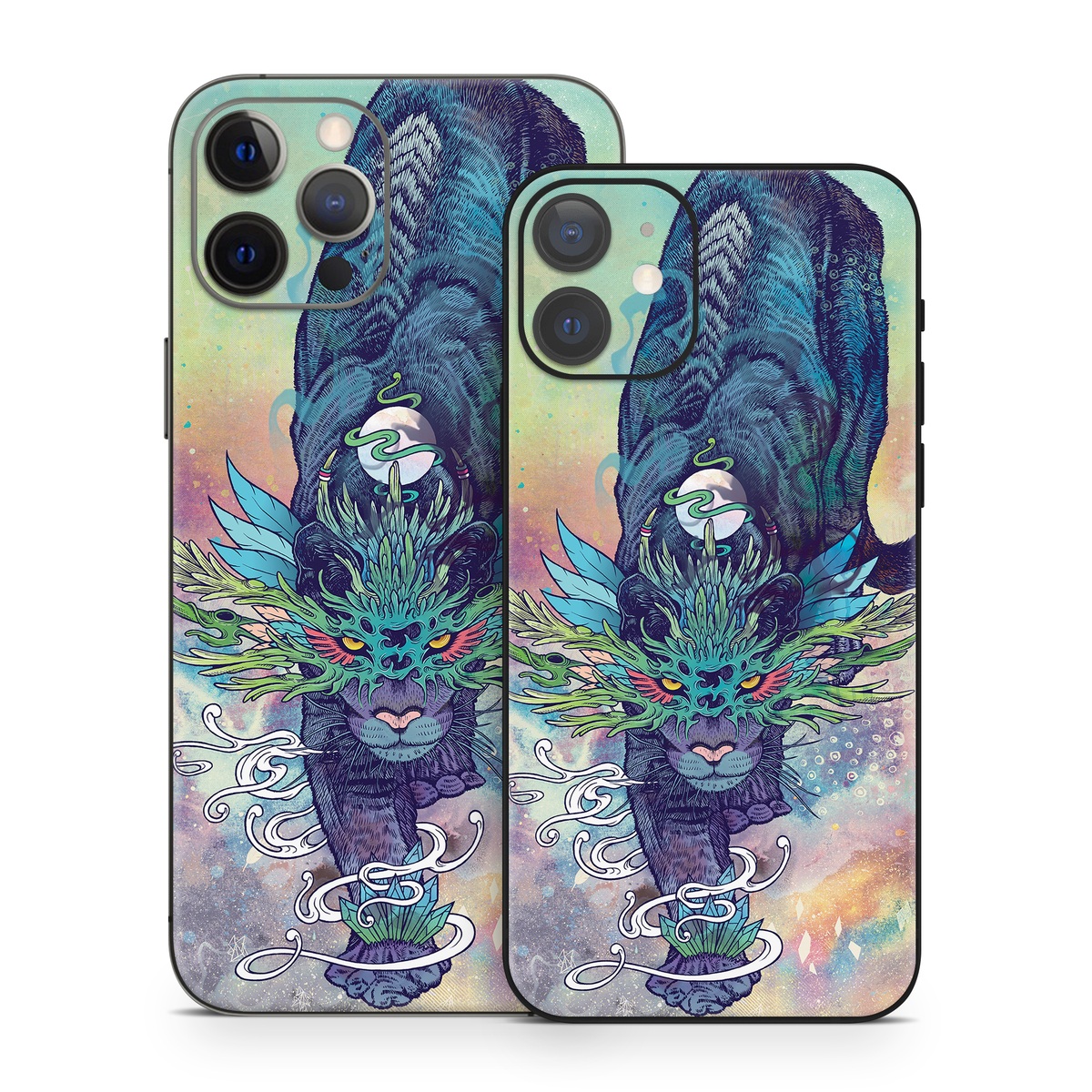 iPhone 12 Series Skin design of Illustration, Fictional character, Graphic design, Demon, Art, Fiction, Cg artwork, Supernatural creature, with blue, green, black, white, yellow, orange, pink, purple colors