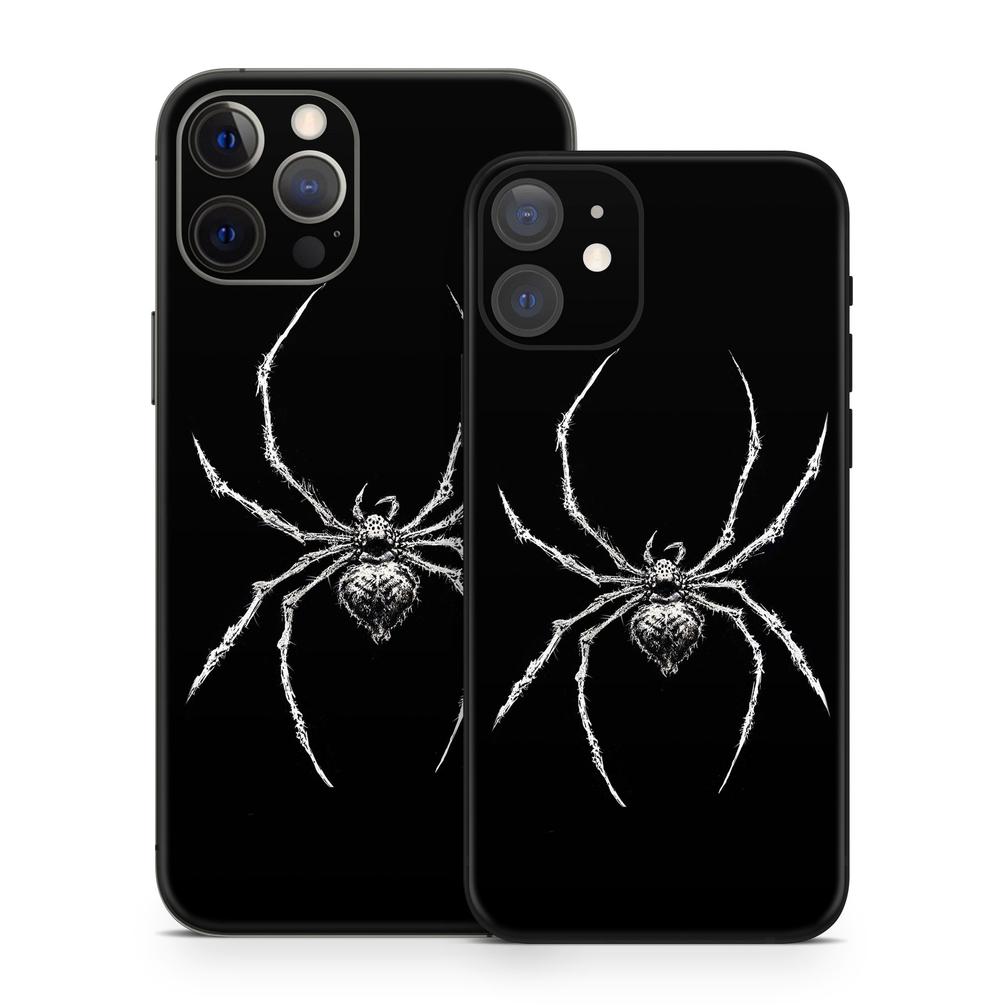 iPhone 12 Series Skin design of Arthropod, Spider, Insect, Spider web, Terrestrial animal, Arachnid, Invertebrate, Tangle-web spider, Symmetry, Terrestrial plant, with black, white, gray colors